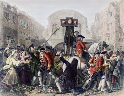 View of Daniel Defoe in the pillory at Temple Bar surrounded by a crowd by Eyre Crowe